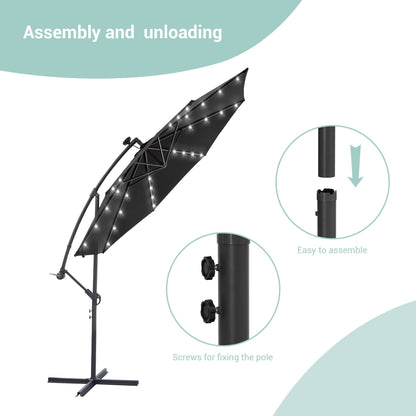 LIVOOSUN 10ft LED Patio Offset Umbrella With Cross Base