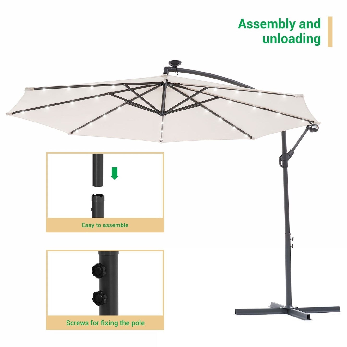 LIVOOSUN 10ft LED Patio Offset Umbrella With Cross Base