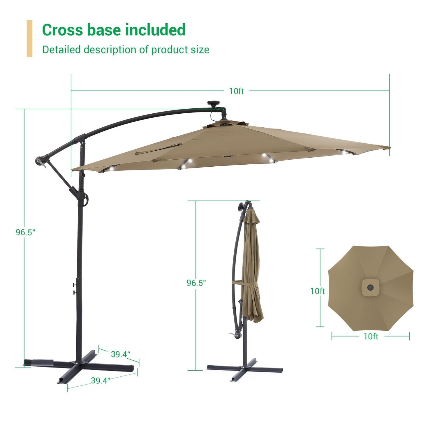 LIVOOSUN 10ft LED Patio Offset Umbrella With Cross Base