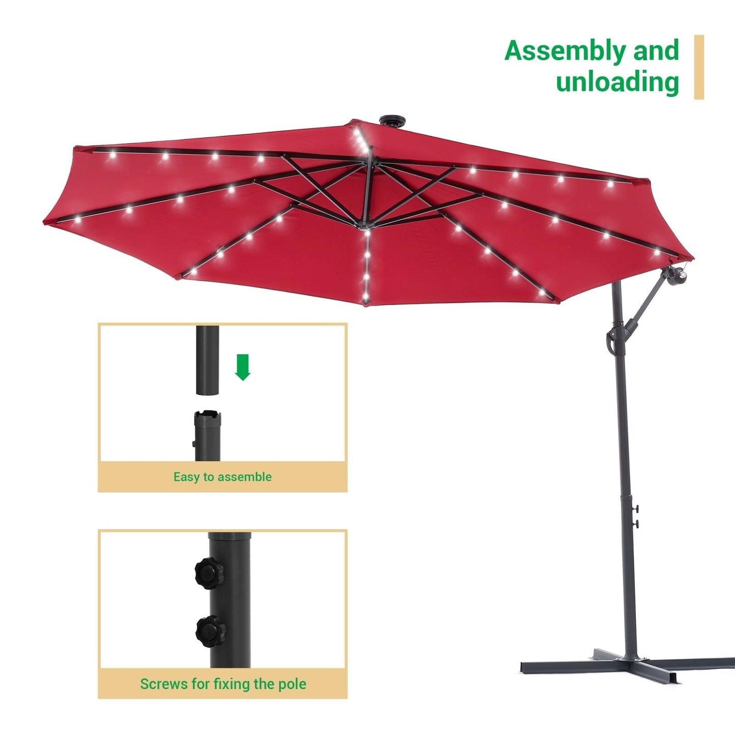 LIVOOSUN 10ft LED Patio Offset Umbrella With Cross Base
