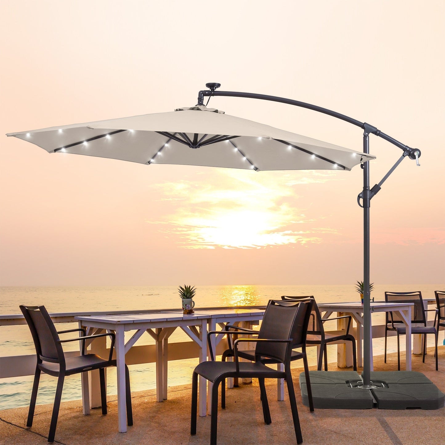 LIVOOSUN 10ft LED Patio Offset Umbrella With Cross Base