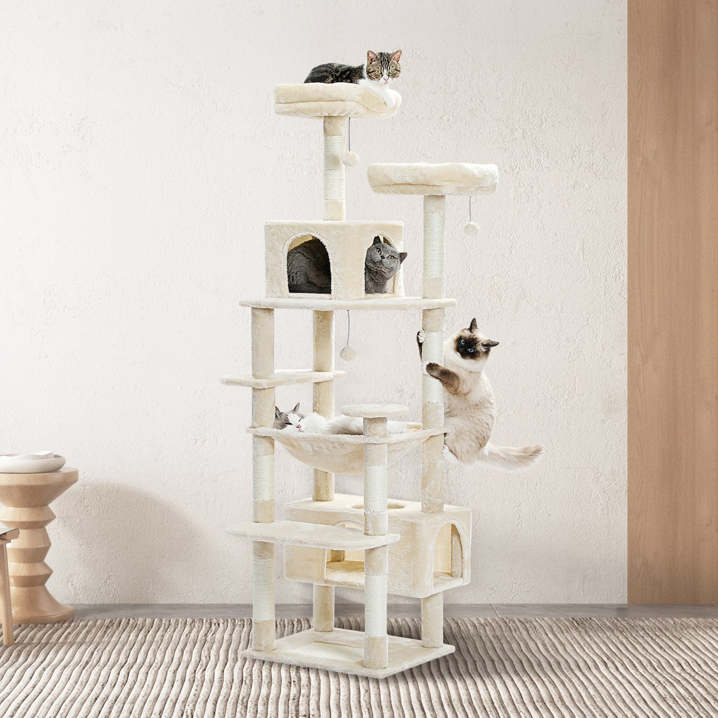 Large Cat Tower Cat Condo with Scratching Posts and Pads, 2 Padded Perch, Dual Condo and Basket