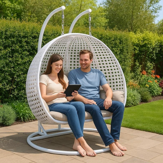 LeisureMod 2 Person Hanging Egg Chair with Stand - Outdoor/Indoor Rattan Wicker Patio Swing Hammock Lounger with Cushions