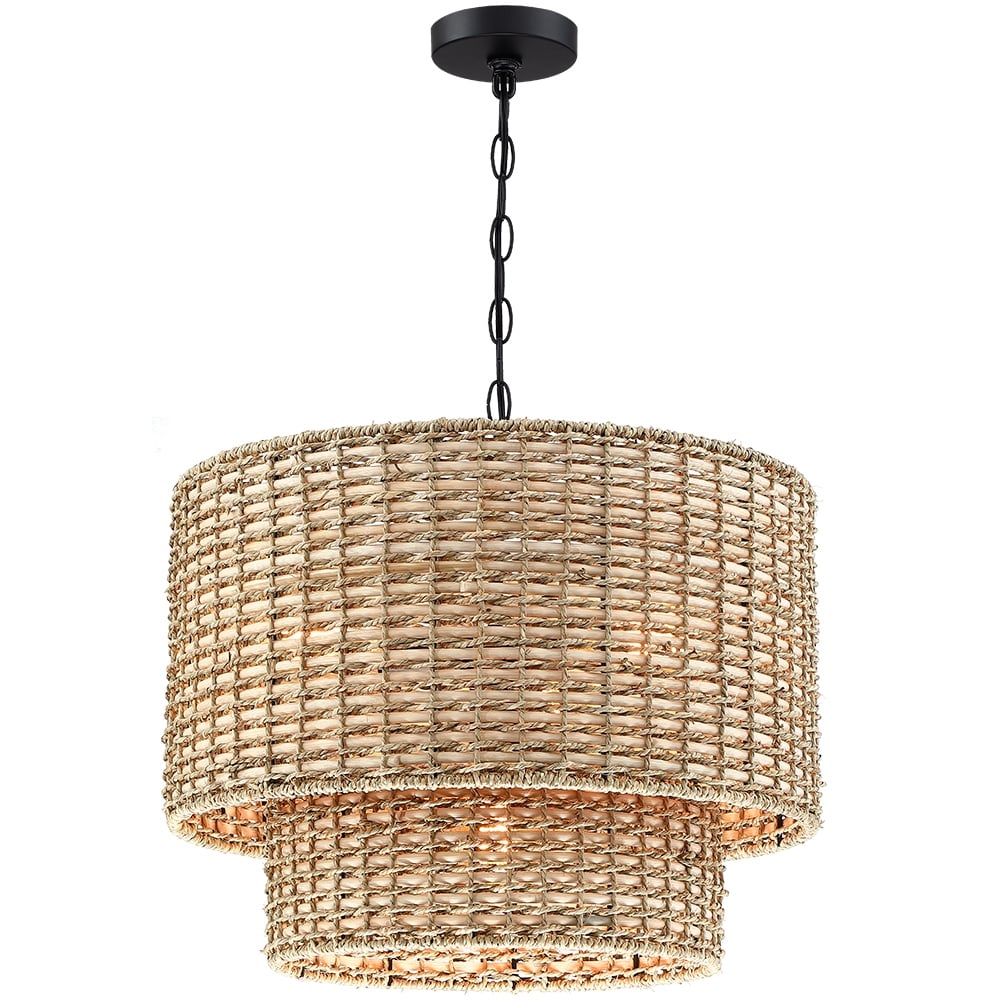 Lennie 20 in. 4-Light Rattan Tiered Drum Chandelier Light with Black Canopy - 20 in. W - 20 in. W