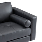 Modern Genuine Leather Sofa with Wooden Legs & Additional Bolster Pillow