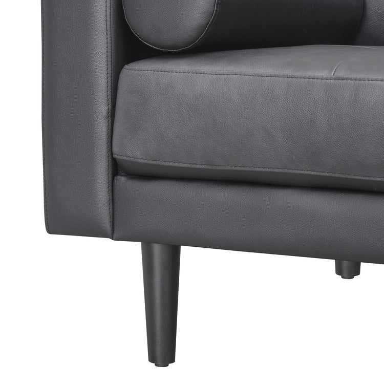Modern Genuine Leather Sofa with Wooden Legs & Additional Bolster Pillow