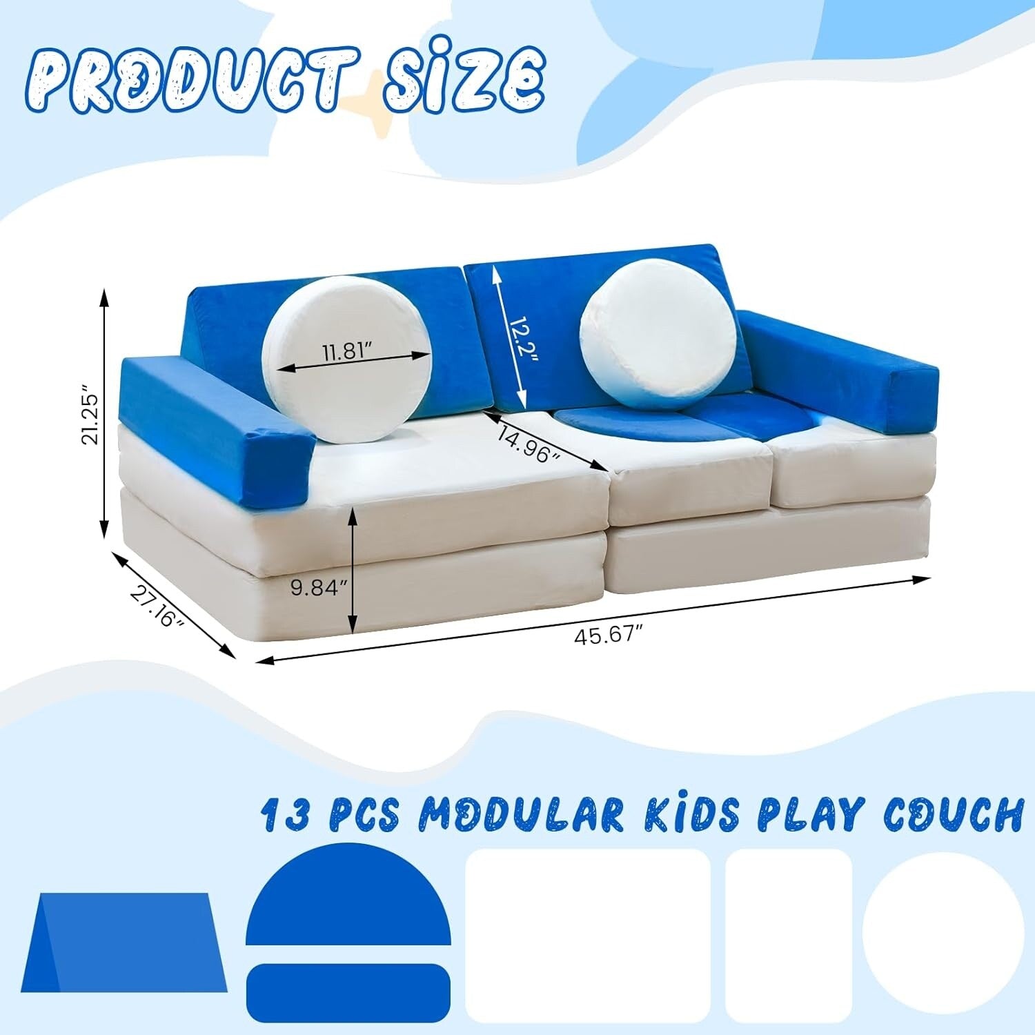 Mieres Modular Play Couch, Detachable Floor Sofa for Living Room, Convertible Creativing Playroom Furniture with Throw Pillow