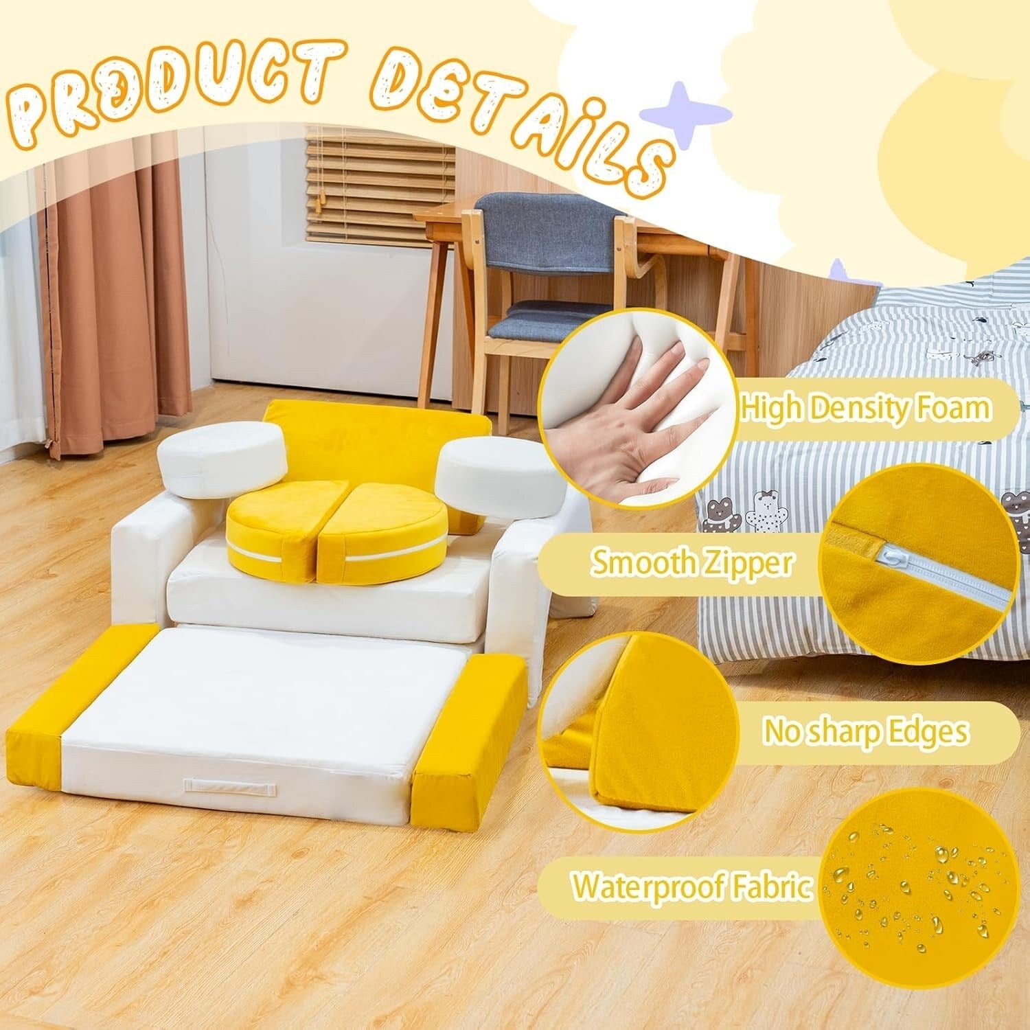 Mieres Modular Play Couch, Detachable Floor Sofa for Living Room, Convertible Creativing Playroom Furniture with Throw Pillow