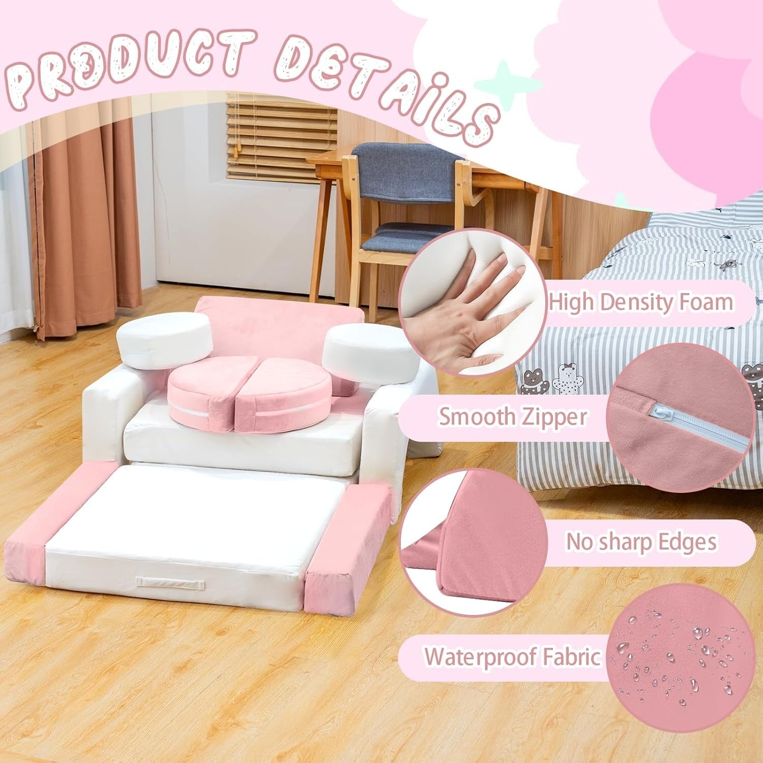 Mieres Modular Play Couch, Detachable Floor Sofa for Living Room, Convertible Creativing Playroom Furniture with Throw Pillow