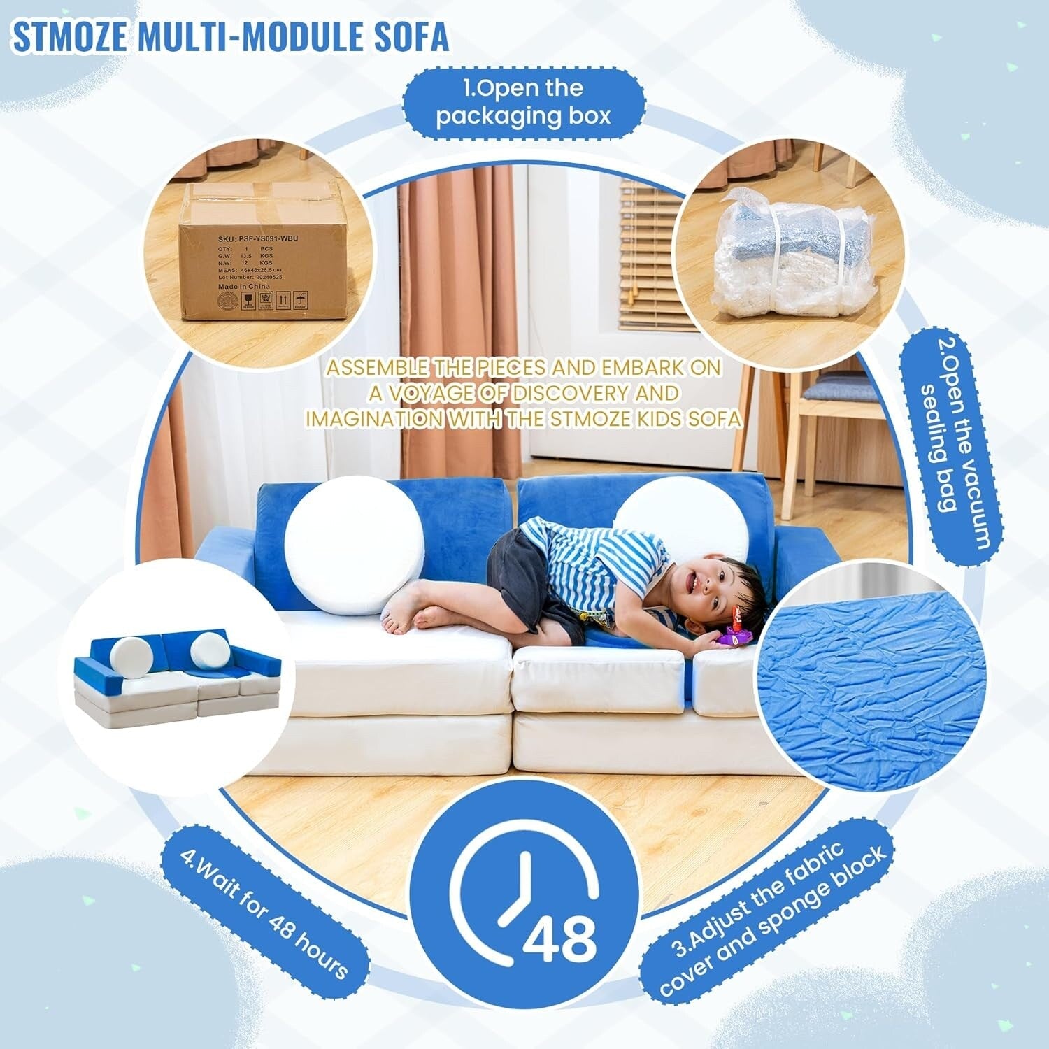Mieres Modular Play Couch, Detachable Floor Sofa for Living Room, Convertible Creativing Playroom Furniture with Throw Pillow