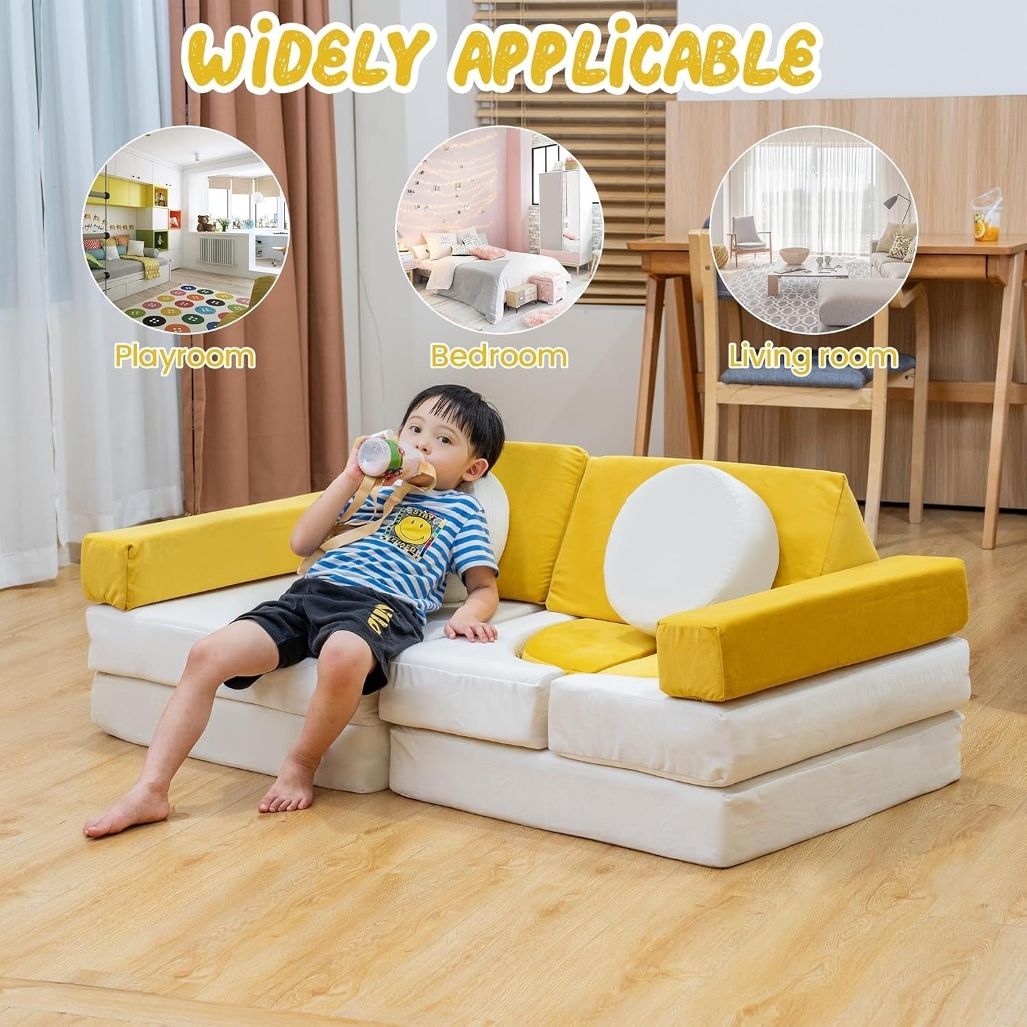 Mieres Modular Play Couch, Detachable Floor Sofa for Living Room, Convertible Creativing Playroom Furniture with Throw Pillow