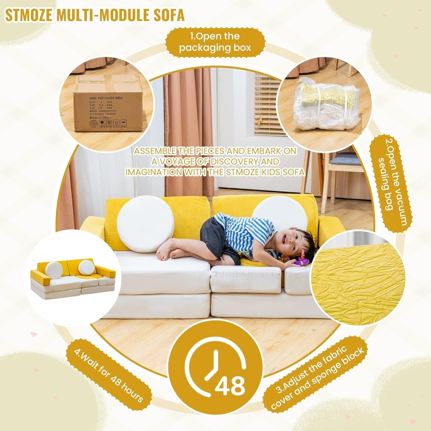 Mieres Modular Play Couch, Detachable Floor Sofa for Living Room, Convertible Creativing Playroom Furniture with Throw Pillow