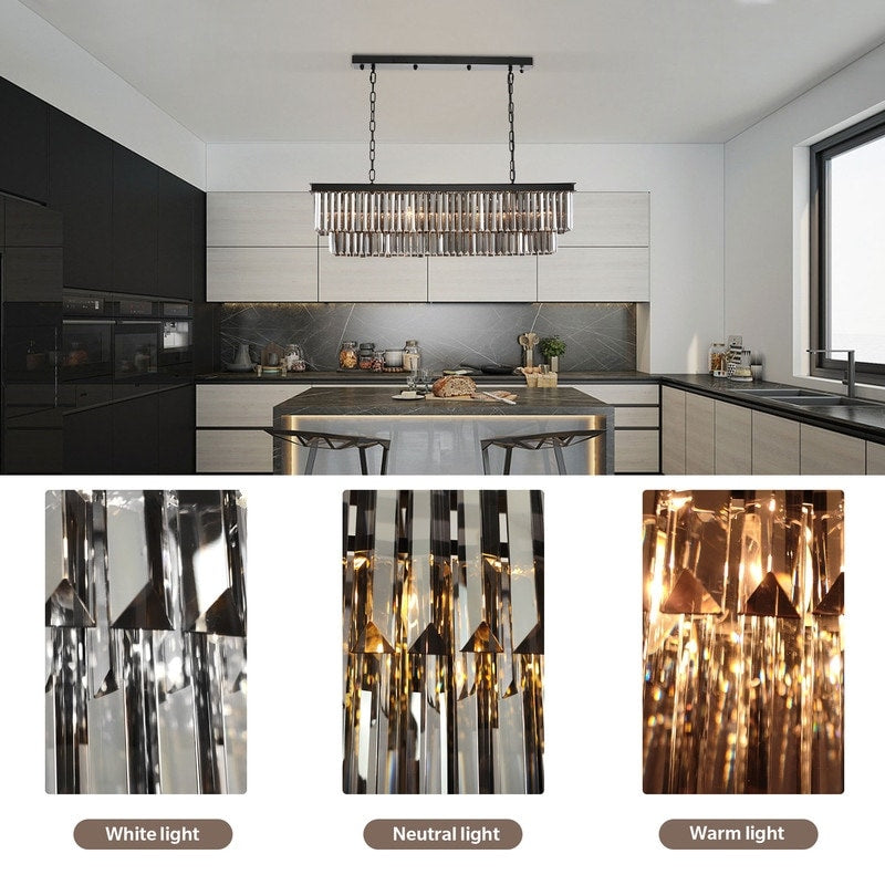 47 in. Smoked Gray and Black Modern Contemporary Crystal Chandelier 2-Tier Linear Kitchen Island Pendant Light for Dining Room