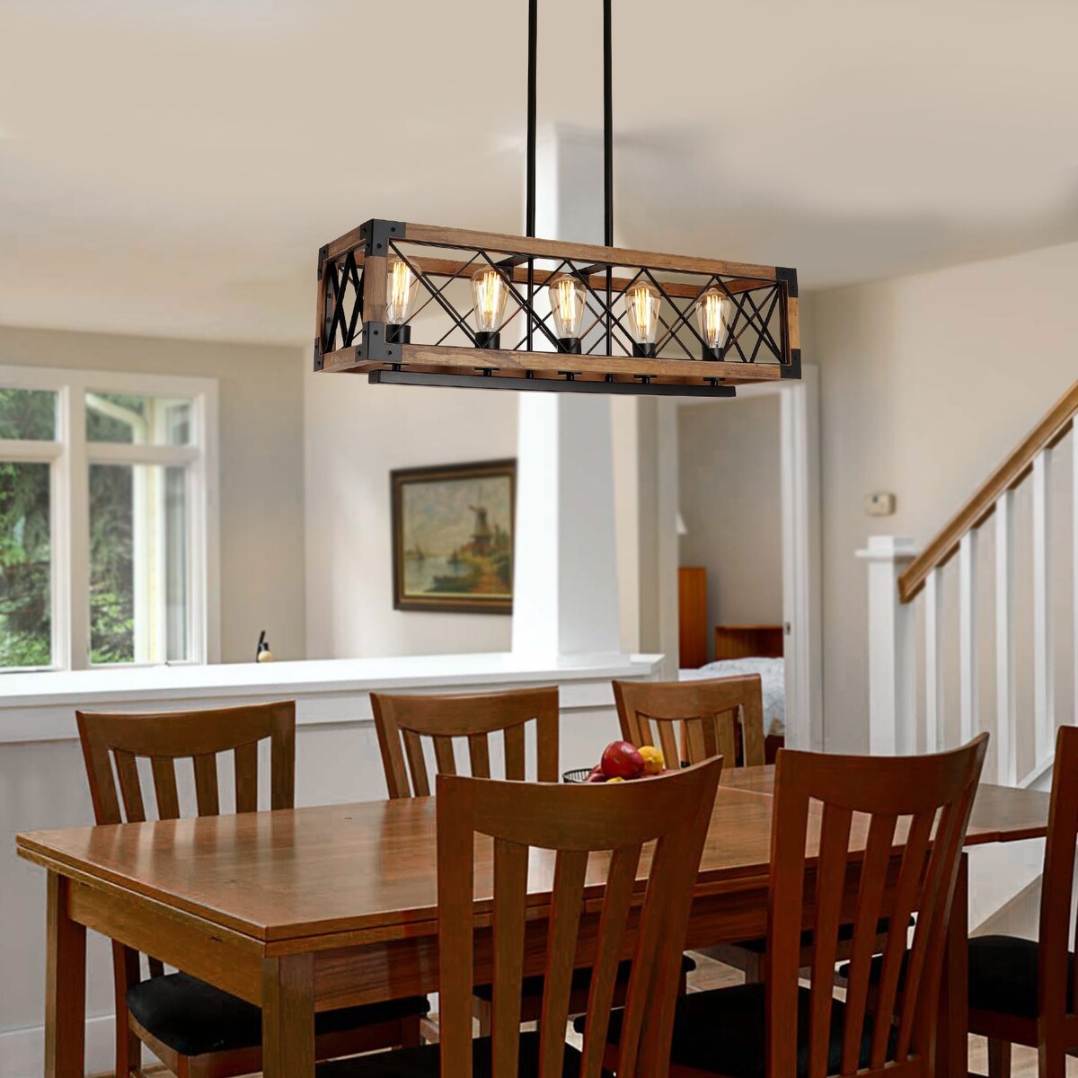 Modern Farmhouse 5-Light Wood Rectangle Chandelier Cage Island Lights for Dining Room - 31.6L x 10 W x 7.8 H