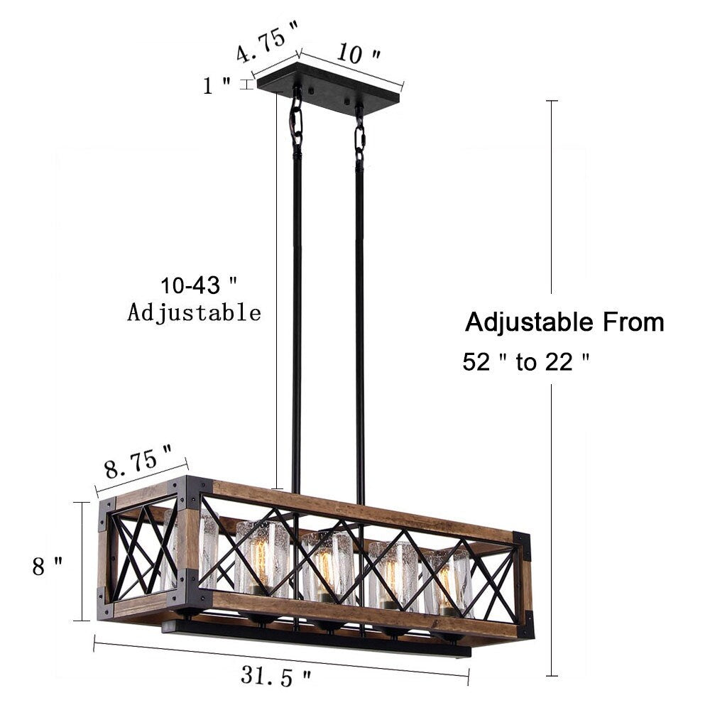 Modern Farmhouse 5-Light Wood Rectangle Chandelier Seeded Glass Kitchen Island Lights for Dining Room - 31.5 L x 8.75 W x 8 H