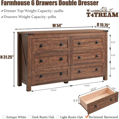 Farmhouse 6 Drawer Dresser, Wood TV Stand, Chest of Drawers