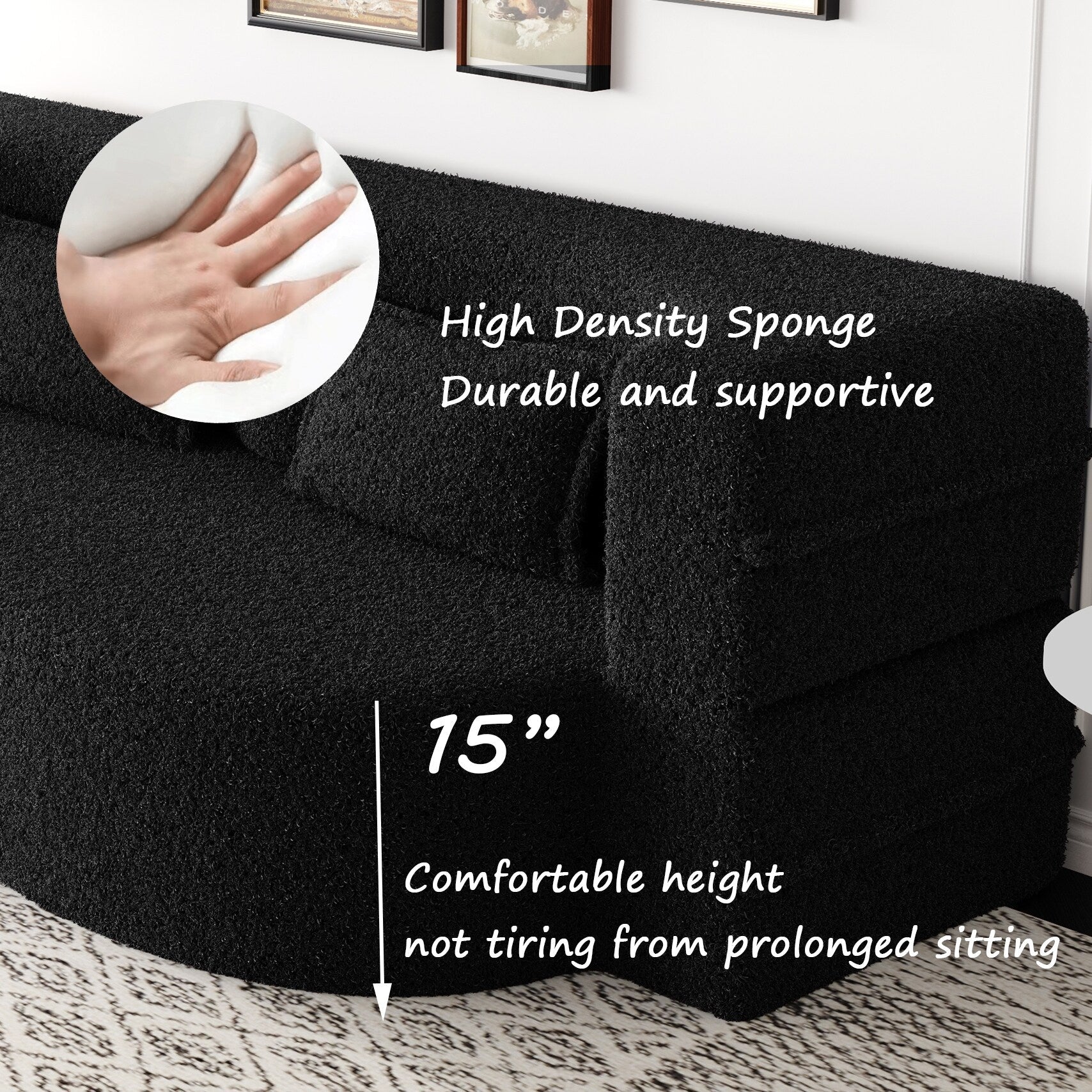 Modern Floor Sofa with 2 Pillows,Convertible Teddy Fabric Foam-Filled Sleeper Sofa Bed,15 Full Size Folding Mattress