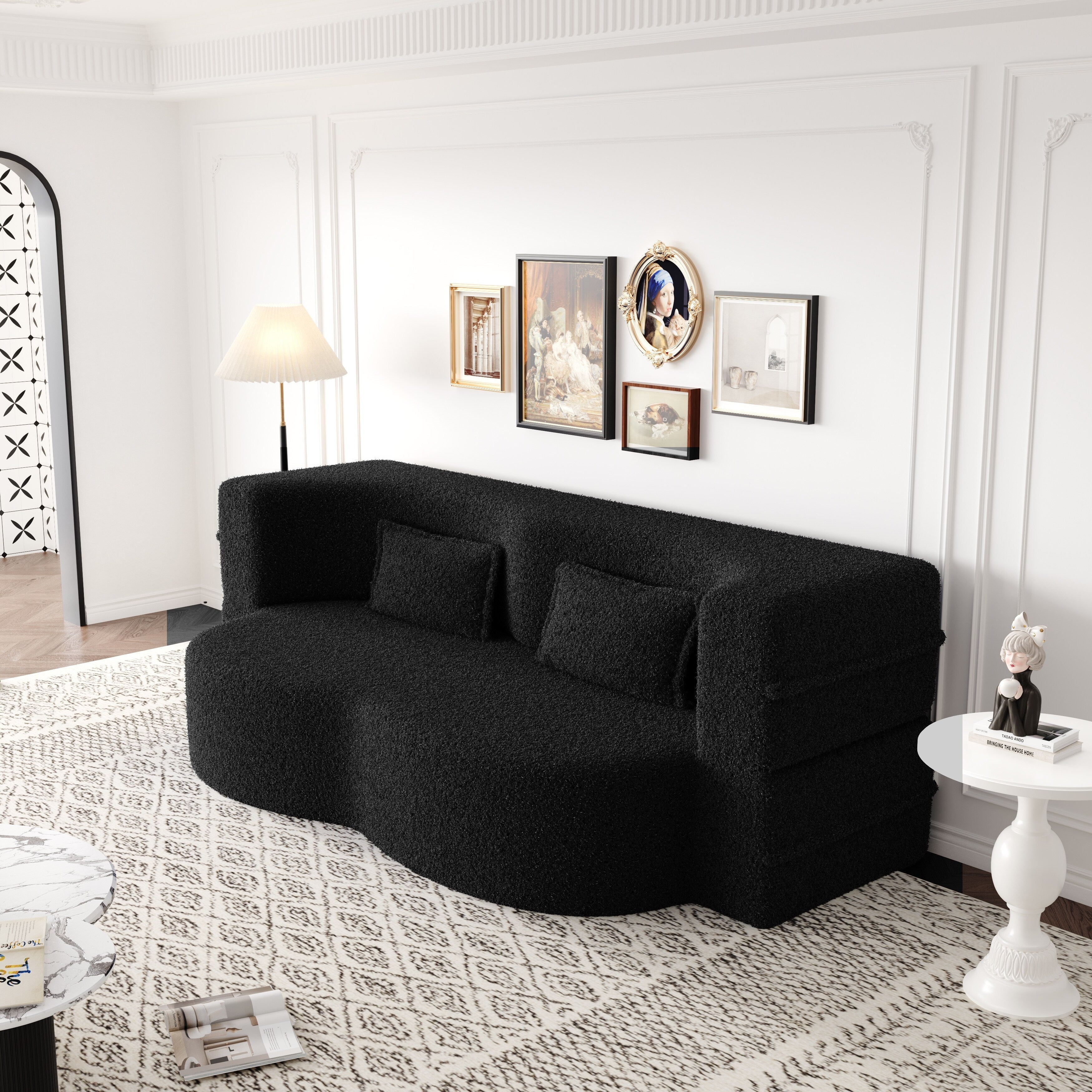 Modern Floor Sofa with 2 Pillows,Convertible Teddy Fabric Foam-Filled Sleeper Sofa Bed,15 Full Size Folding Mattress