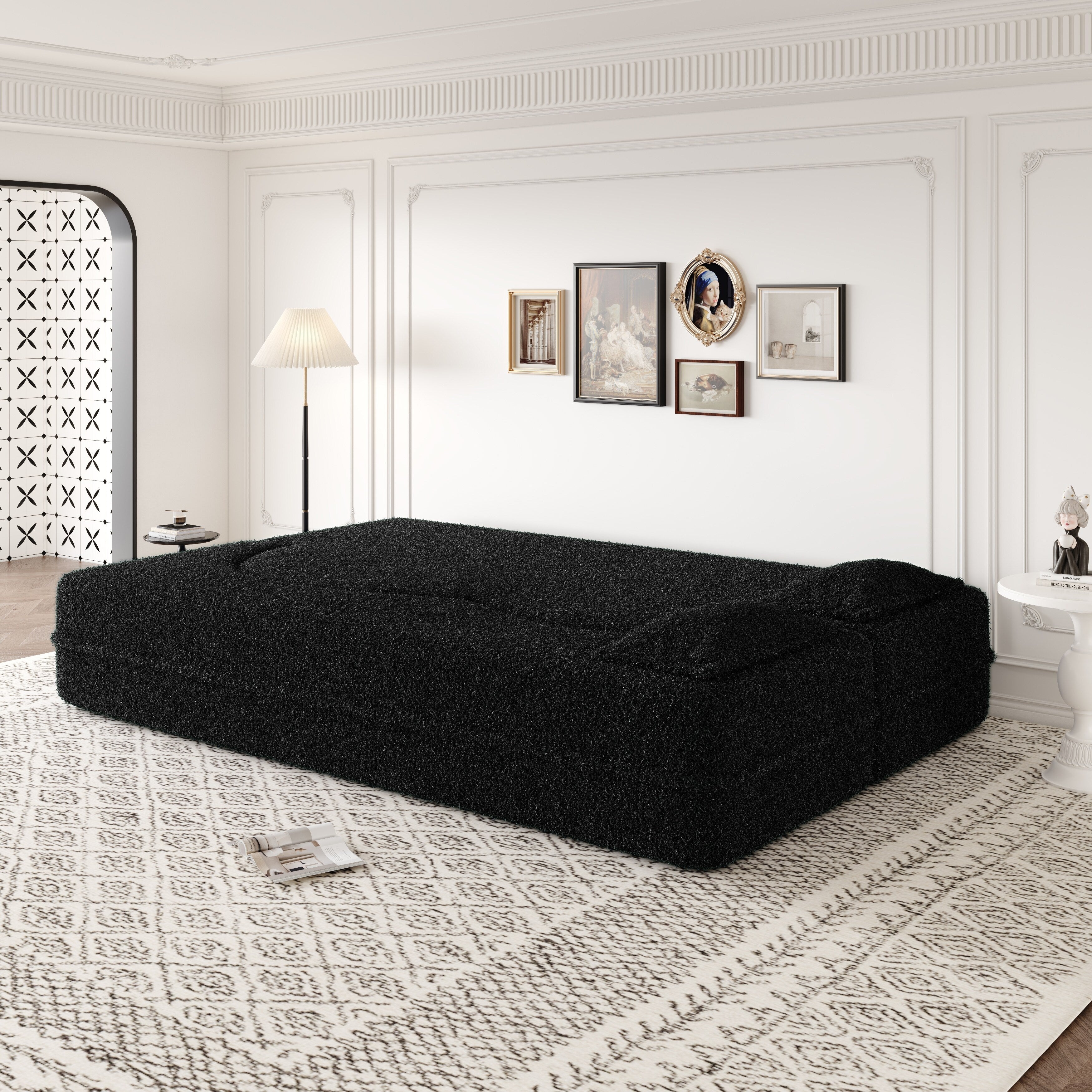 Modern Floor Sofa with 2 Pillows,Convertible Teddy Fabric Foam-Filled Sleeper Sofa Bed,15 Full Size Folding Mattress