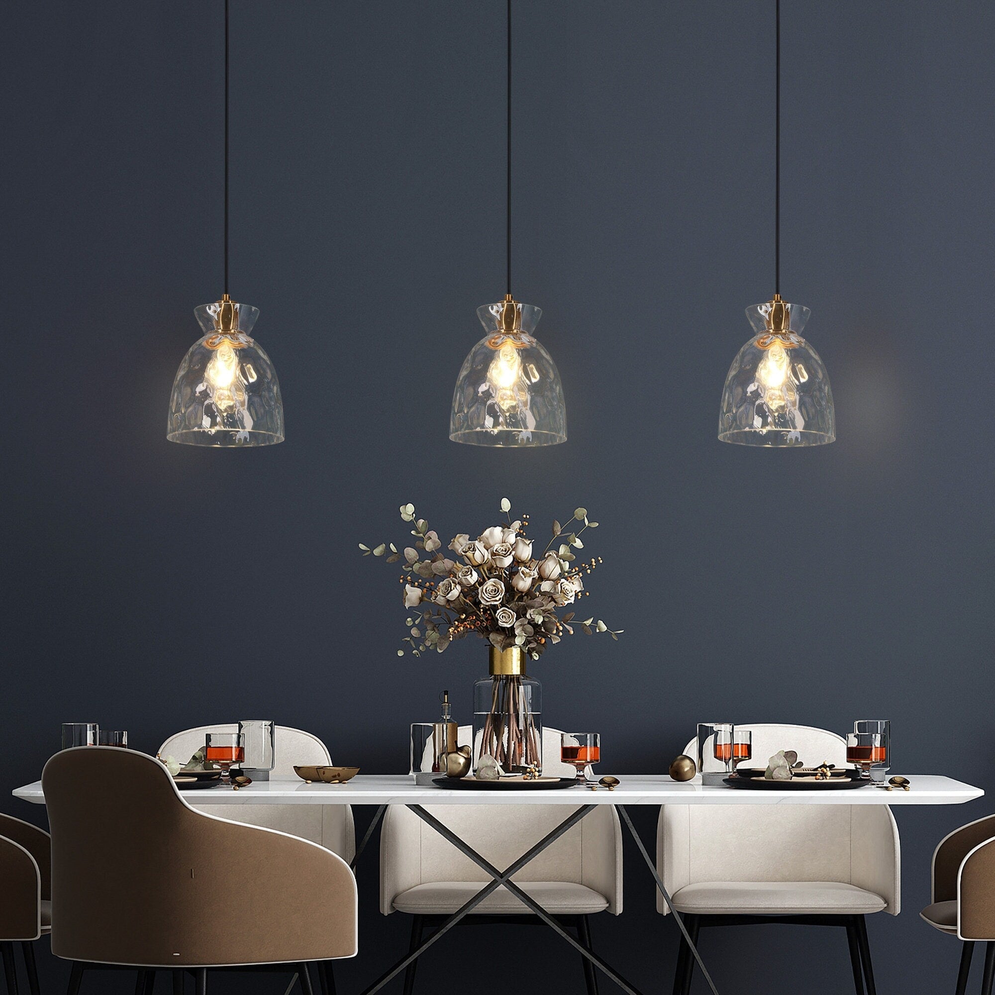 Elisie Mid-century Modern Pendant Light 1-Light Waterfall Glass Hammered Dome Kitchen Island Lighting Dining Room