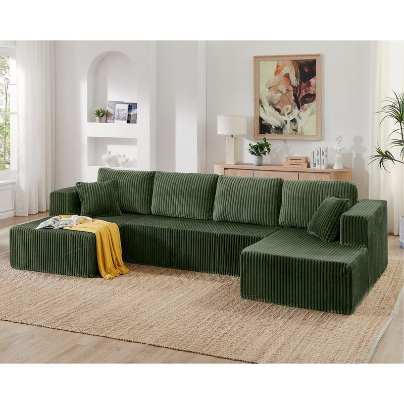 Modern Minimalist U-Shaped Modular Corduroy Sectional Sofa - Compressed, Space-Efficient Sleeper Couch for Living Room & Bedroom