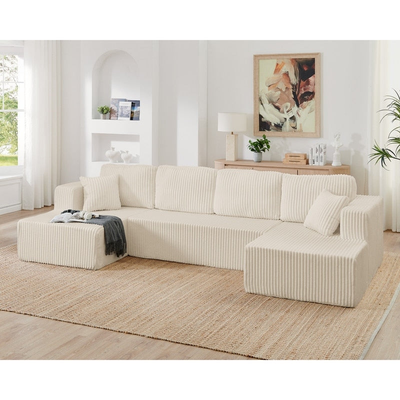 Modern Minimalist U-Shaped Modular Corduroy Sectional Sofa - Compressed, Space-Efficient Sleeper Couch for Living Room & Bedroom