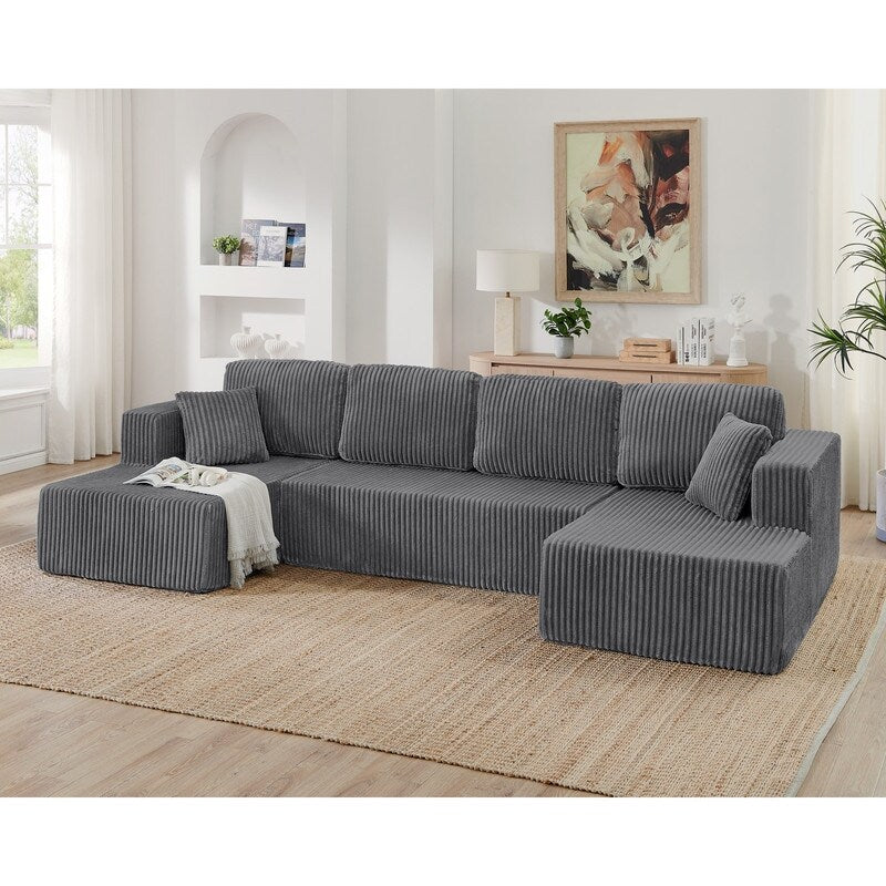 Modern Minimalist U-Shaped Modular Corduroy Sectional Sofa - Compressed, Space-Efficient Sleeper Couch for Living Room & Bedroom