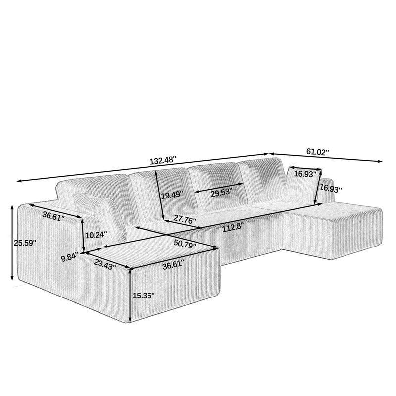 Modern Minimalist U-Shaped Modular Corduroy Sectional Sofa - Compressed, Space-Efficient Sleeper Couch for Living Room & Bedroom