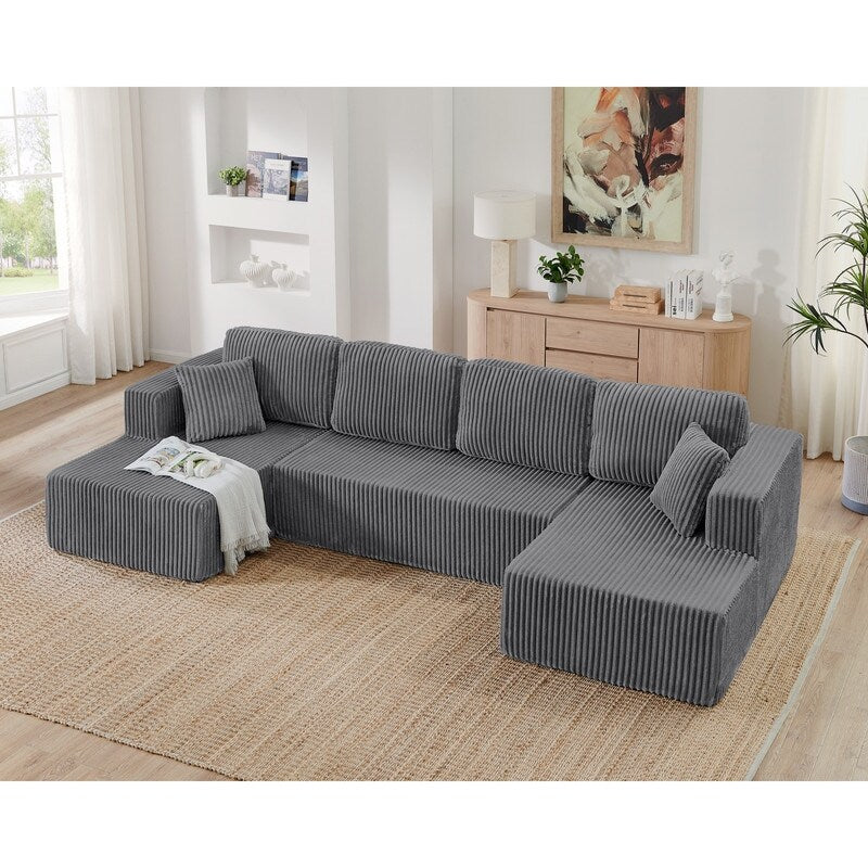 Modern Minimalist U-Shaped Modular Corduroy Sectional Sofa - Compressed, Space-Efficient Sleeper Couch for Living Room & Bedroom