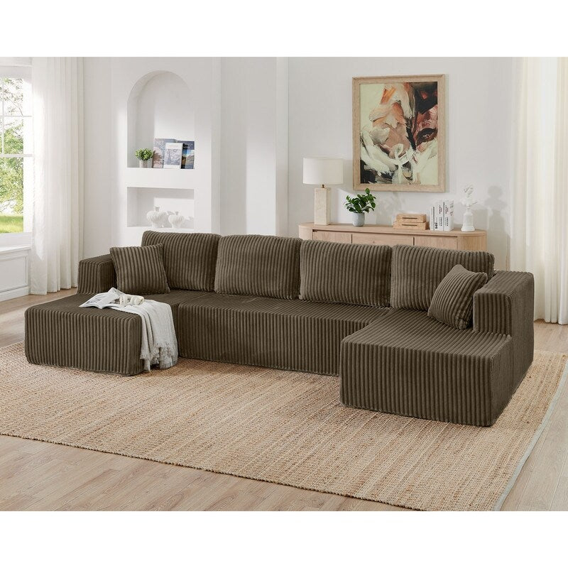 Modern Minimalist U-Shaped Modular Corduroy Sectional Sofa - Compressed, Space-Efficient Sleeper Couch for Living Room & Bedroom