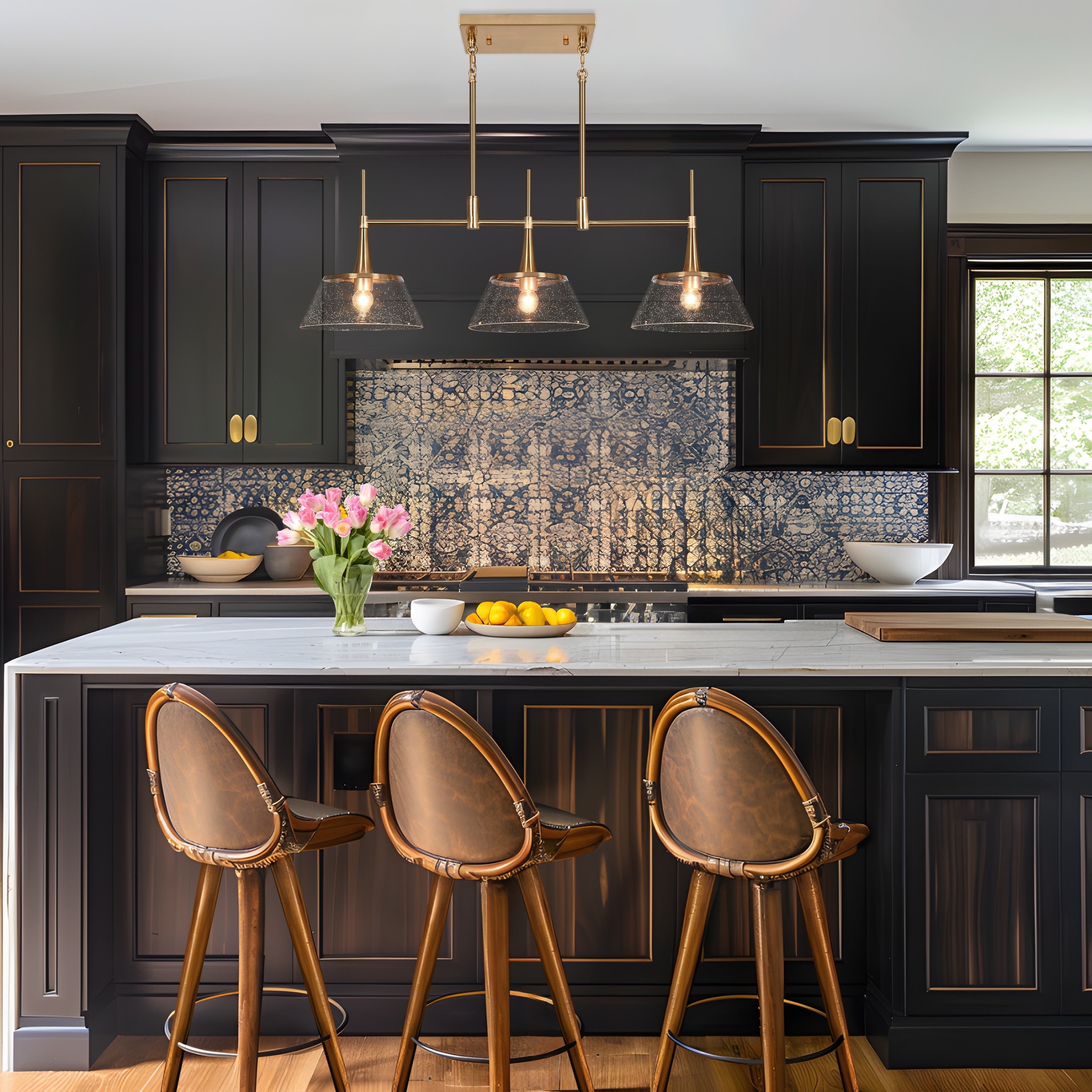 Mola Modern Gold 3-Light Seeded Glass Chandelier Linear Island Pendant Light for Dining Room