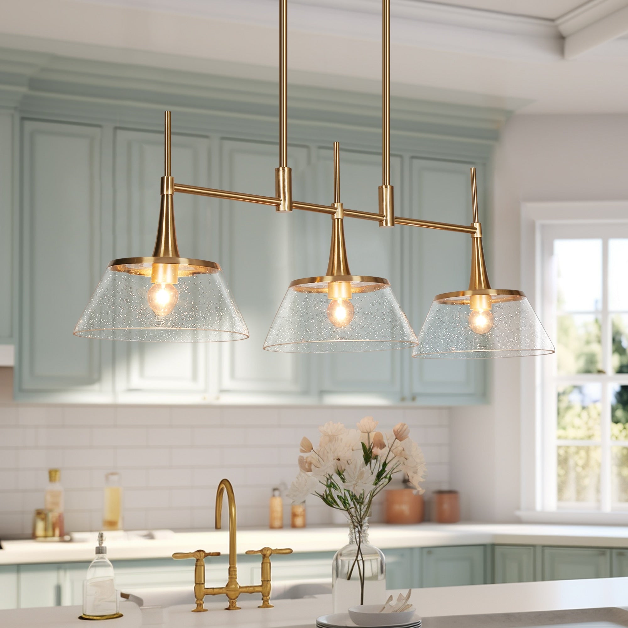 Mola Modern Gold 3-Light Seeded Glass Chandelier Linear Island Pendant Light for Dining Room