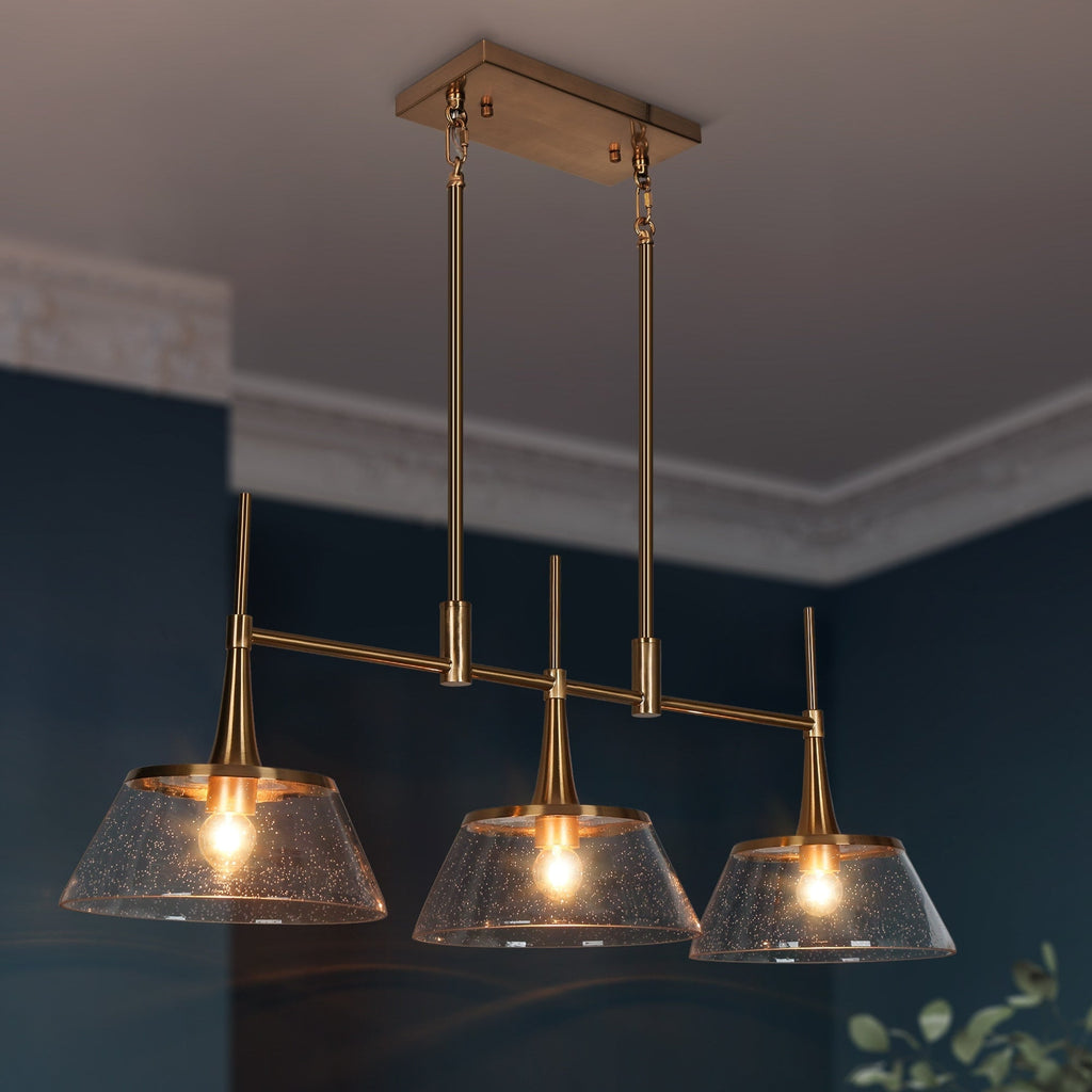 Mola Modern Gold 3-Light Seeded Glass Chandelier Linear Island Pendant Light for Dining Room