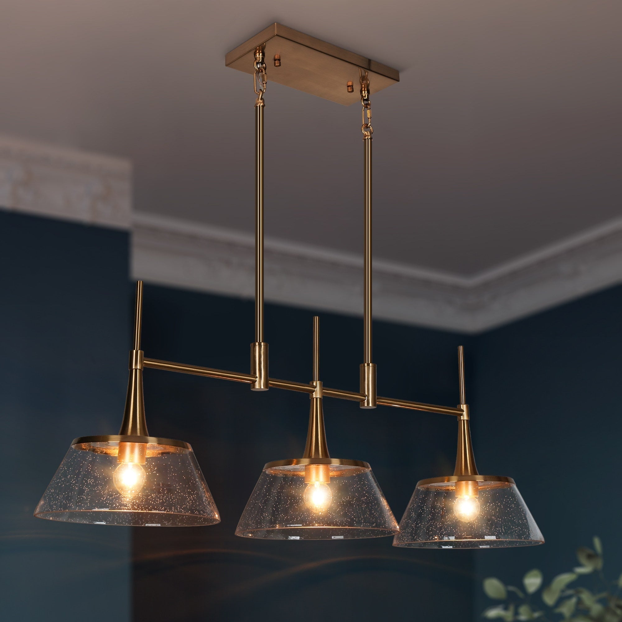 Mola Modern Gold 3-Light Seeded Glass Chandelier Linear Island Pendant Light for Dining Room