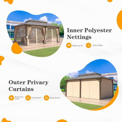 Hardtop Gazebo for Backyard – Permanent Pergola with Netting, Curtains & Double Roof, All-Weather Outdoor Shelter