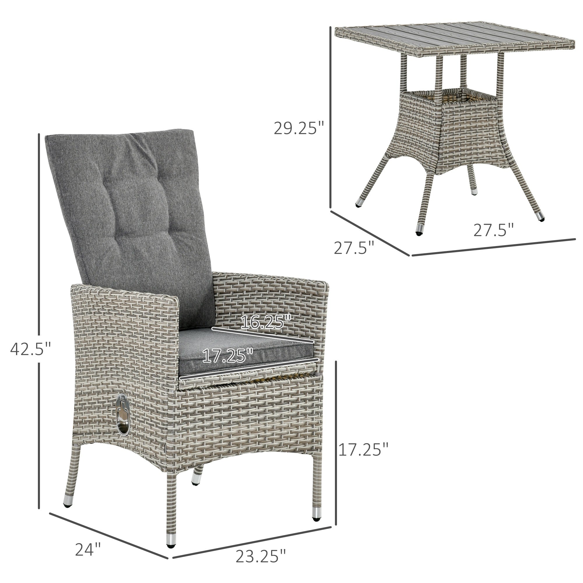 Outsunny 3 Pieces Patio PE Rattan Sofa Set, Outdoor Recliner Chairs Wood Grain plastic Top Coffee Table