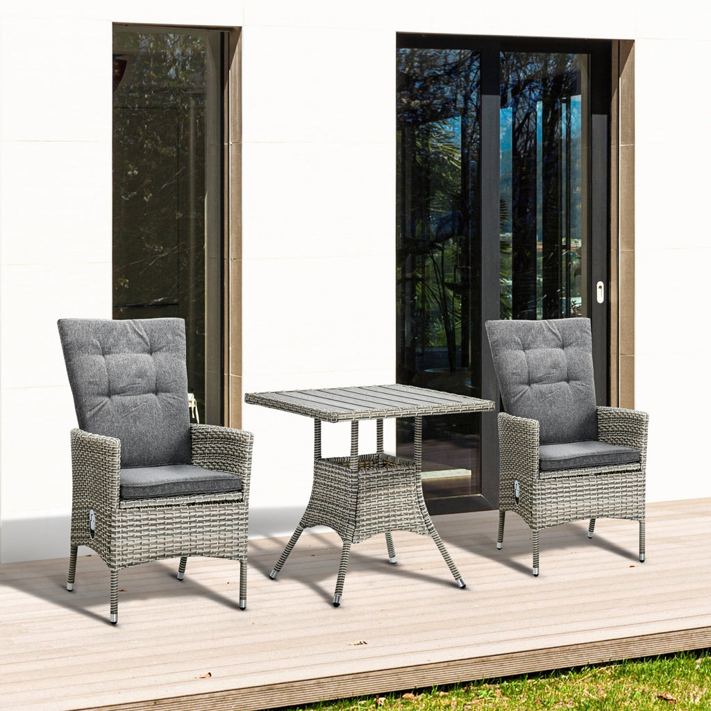 Outsunny 3 Pieces Patio PE Rattan Sofa Set, Outdoor Recliner Chairs Wood Grain plastic Top Coffee Table