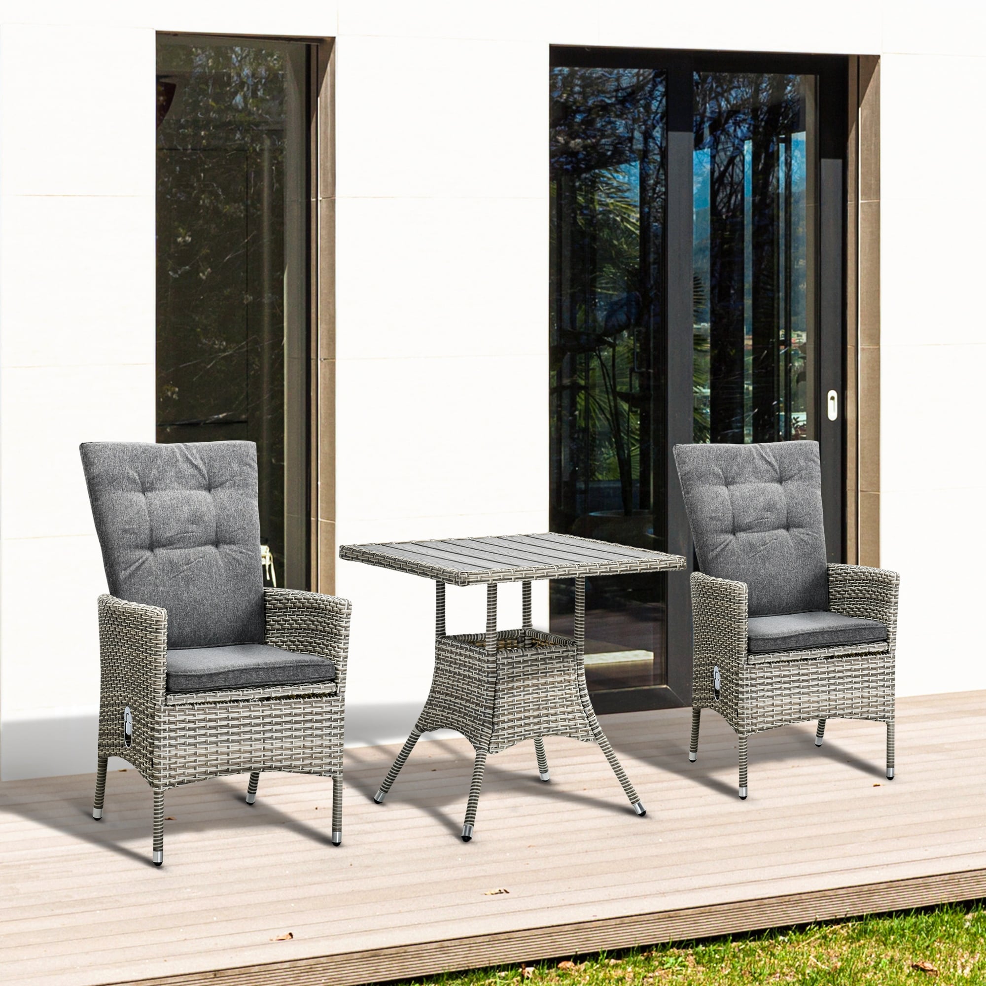 Outsunny 3 Pieces Patio PE Rattan Sofa Set, Outdoor Recliner Chairs Wood Grain plastic Top Coffee Table