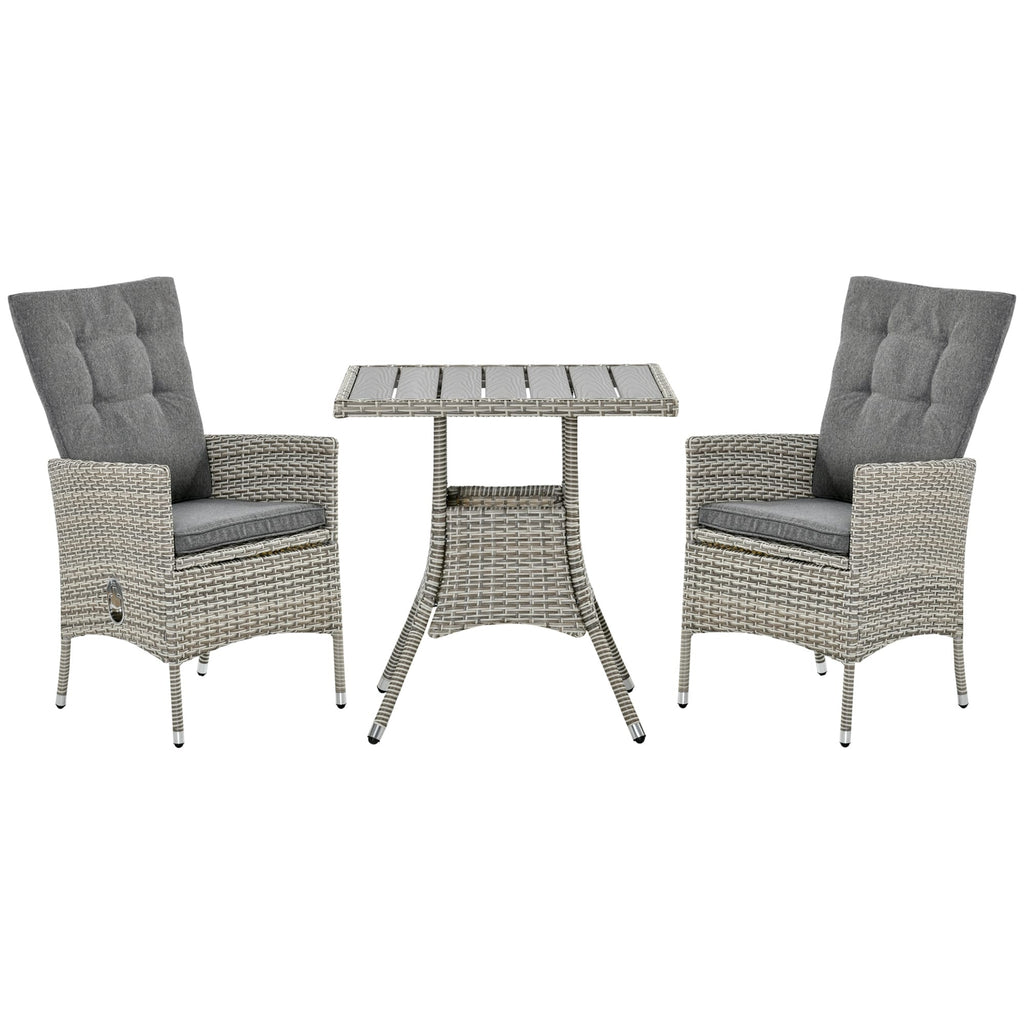 Outsunny 3 Pieces Patio PE Rattan Sofa Set, Outdoor Recliner Chairs Wood Grain plastic Top Coffee Table