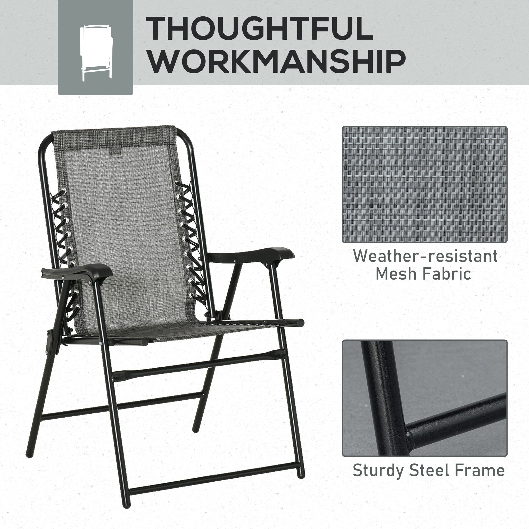 Outsunny Set of 2 Patio Folding Chairs, Outdoor Bungee Sling Chairs w/ Armrests, Portable Lawn Chairs for Camping