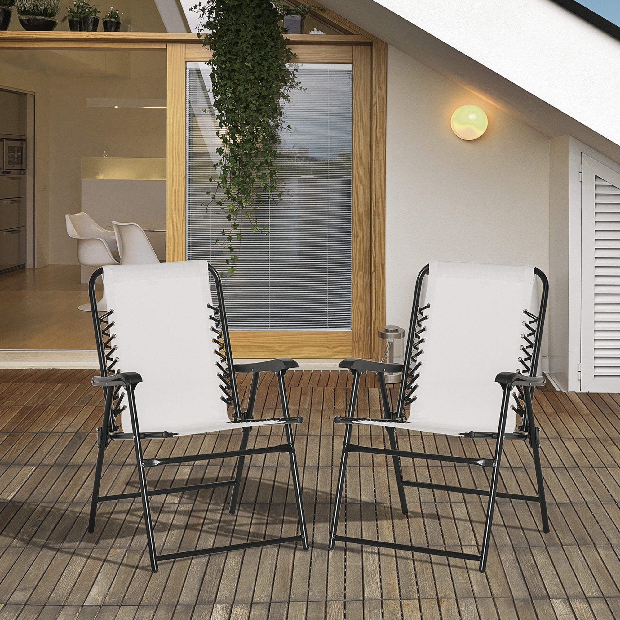 Outsunny Set of 2 Patio Folding Chairs, Outdoor Bungee Sling Chairs w/ Armrests, Portable Lawn Chairs for Camping
