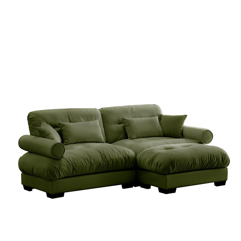 Over Size Modern Two-seater Sofa with Ottoman, Velvet 2-Seater with Round Bolster Armrests