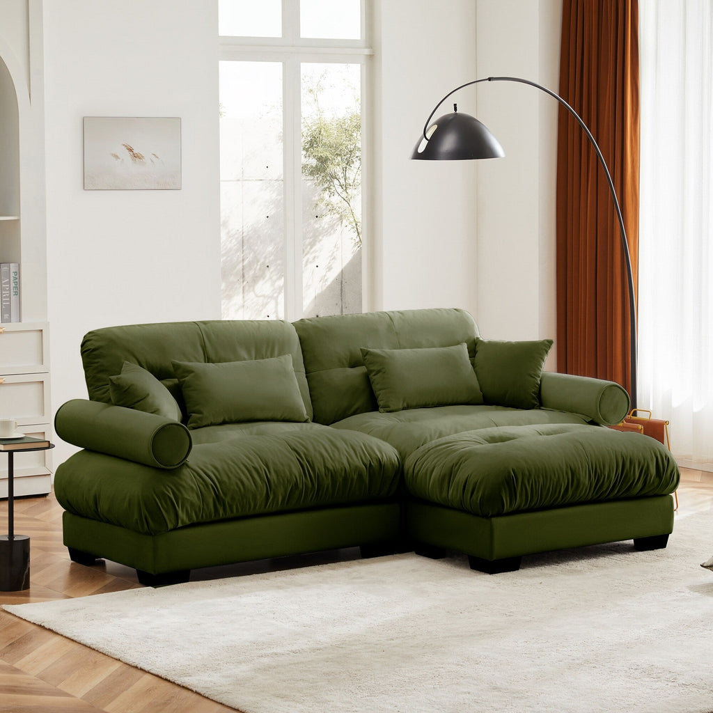 Over Size Modern Two-seater Sofa with Ottoman, Velvet 2-Seater with Round Bolster Armrests