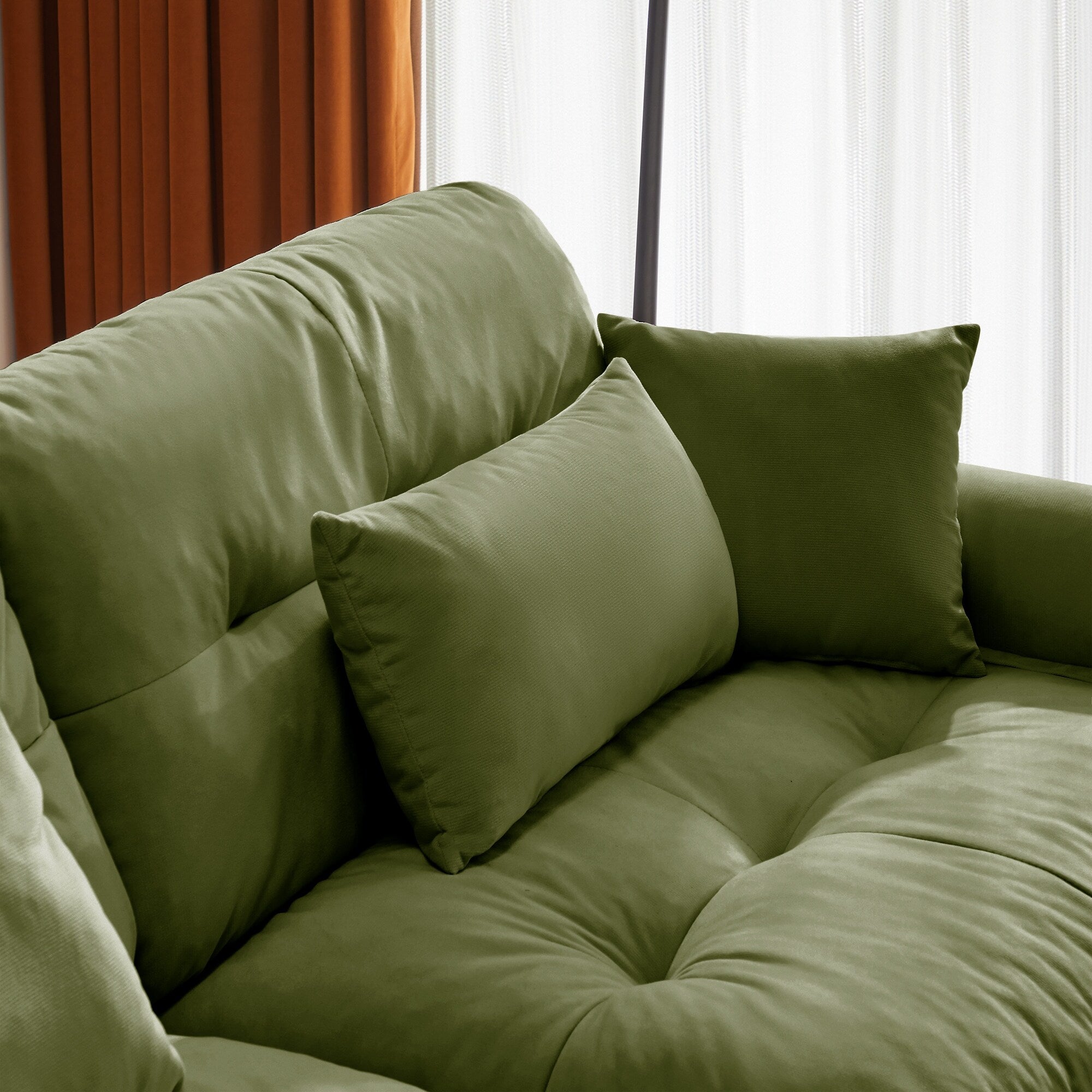 Over Size Modern Two-seater Sofa with Ottoman, Velvet 2-Seater with Round Bolster Armrests