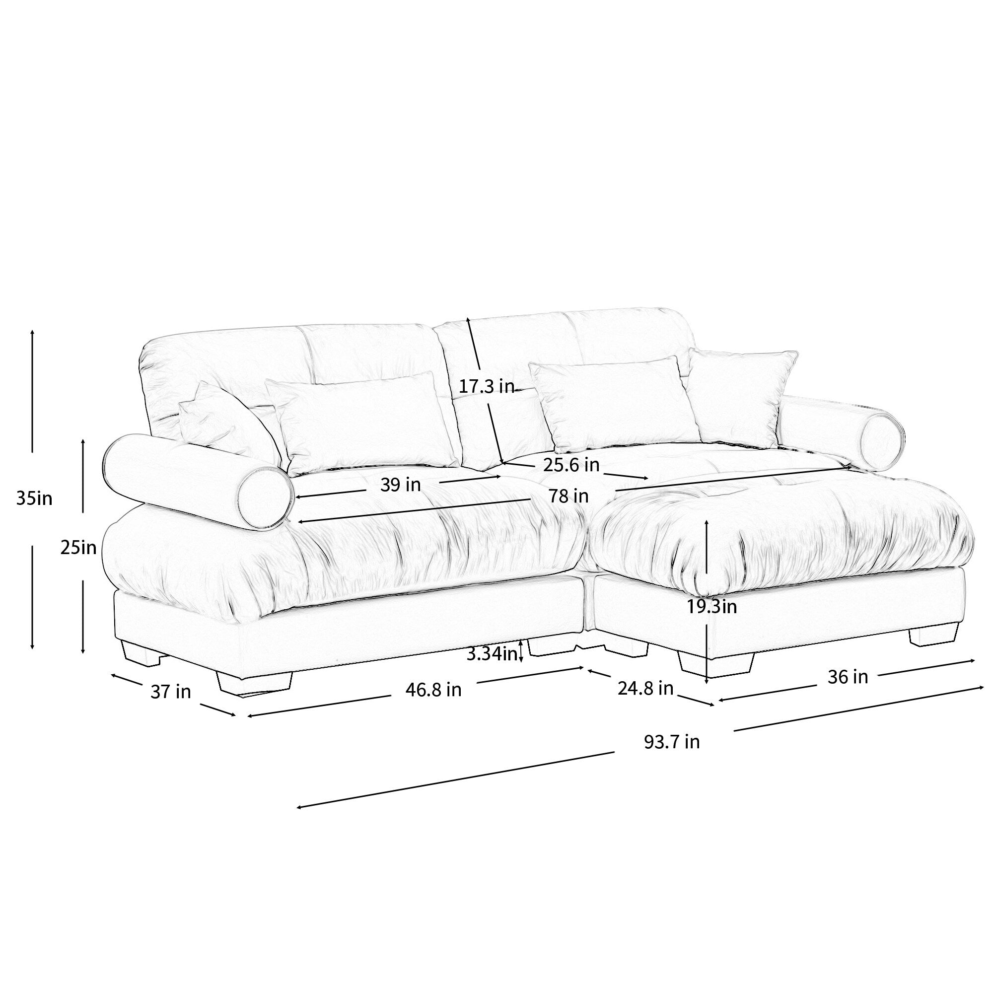 Over Size Modern Two-seater Sofa with Ottoman, Velvet 2-Seater with Round Bolster Armrests
