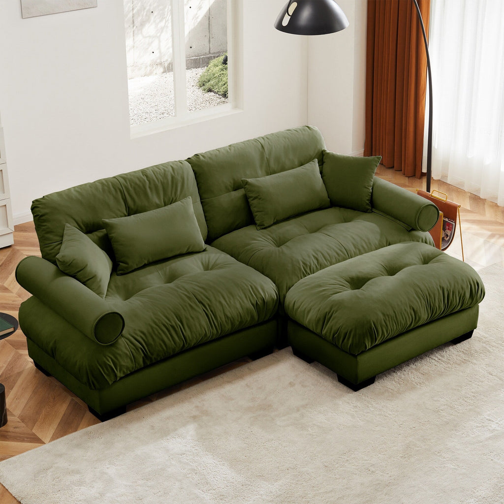 Over Size Modern Two-seater Sofa with Ottoman, Velvet 2-Seater with Round Bolster Armrests
