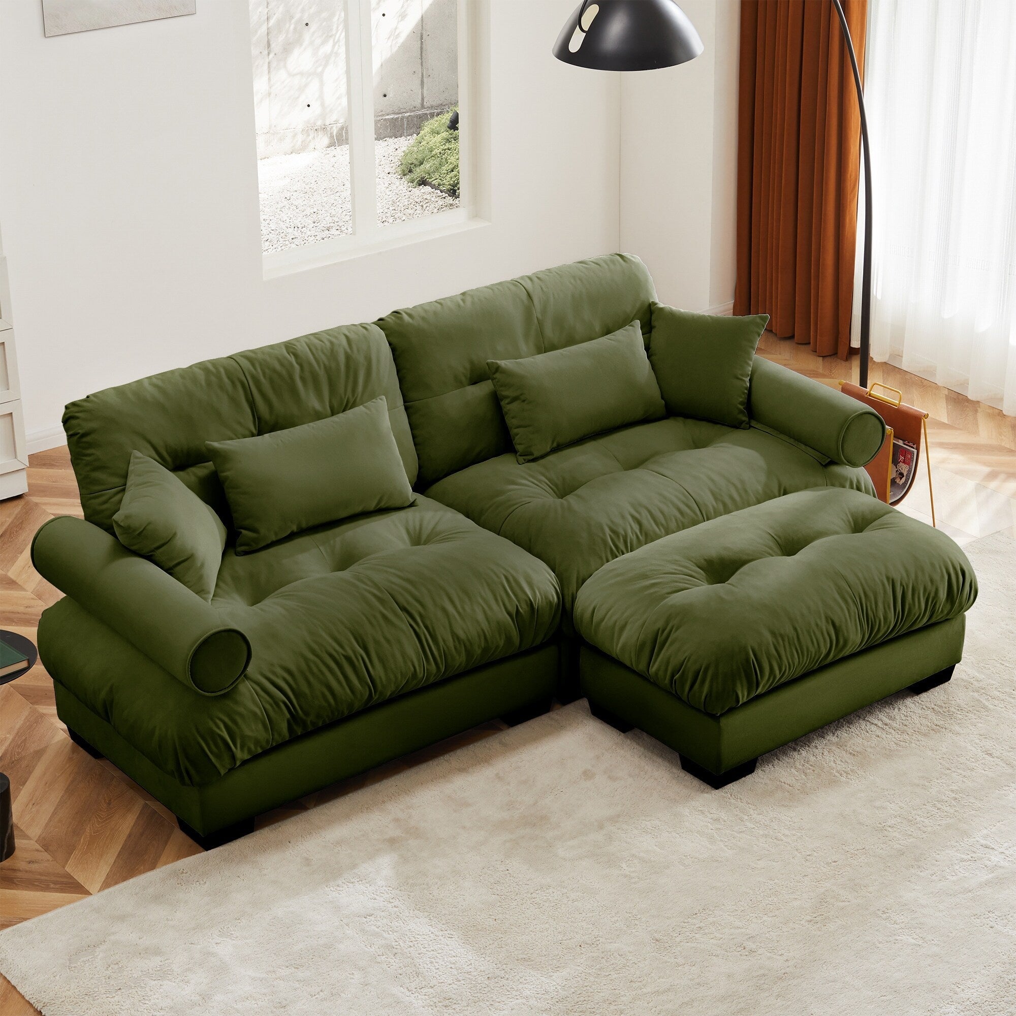 Over Size Modern Two-seater Sofa with Ottoman, Velvet 2-Seater with Round Bolster Armrests
