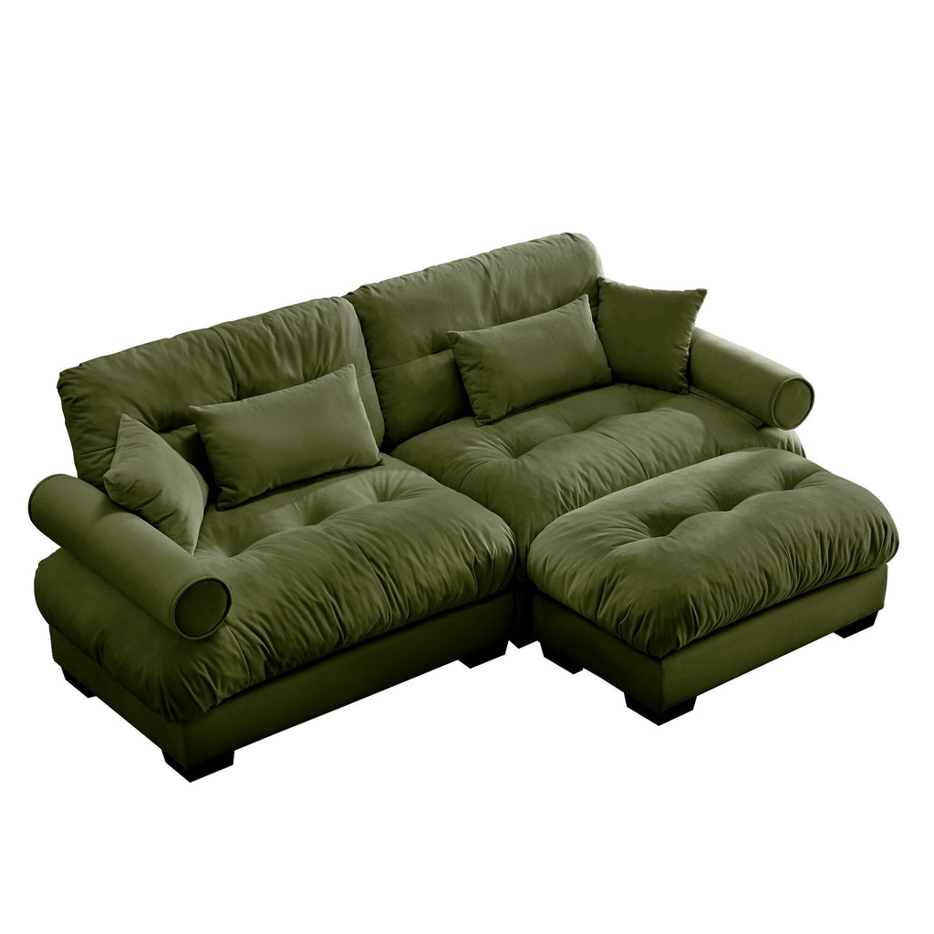 Over Size Modern Two-seater Sofa with Ottoman, Velvet 2-Seater with Round Bolster Armrests
