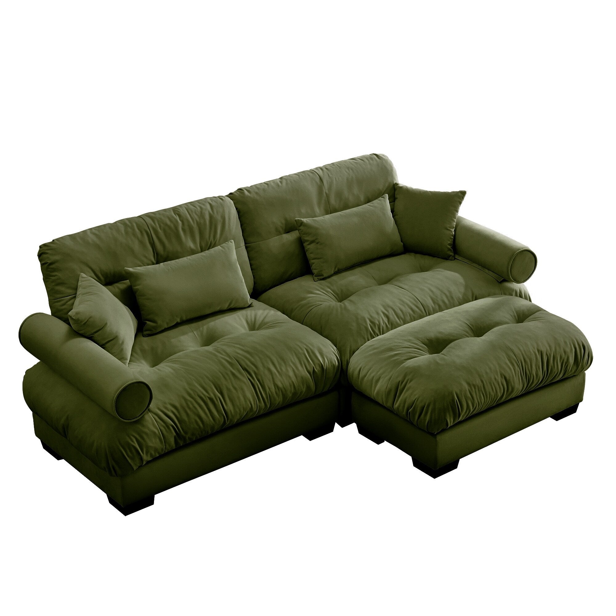 Over Size Modern Two-seater Sofa with Ottoman, Velvet 2-Seater with Round Bolster Armrests