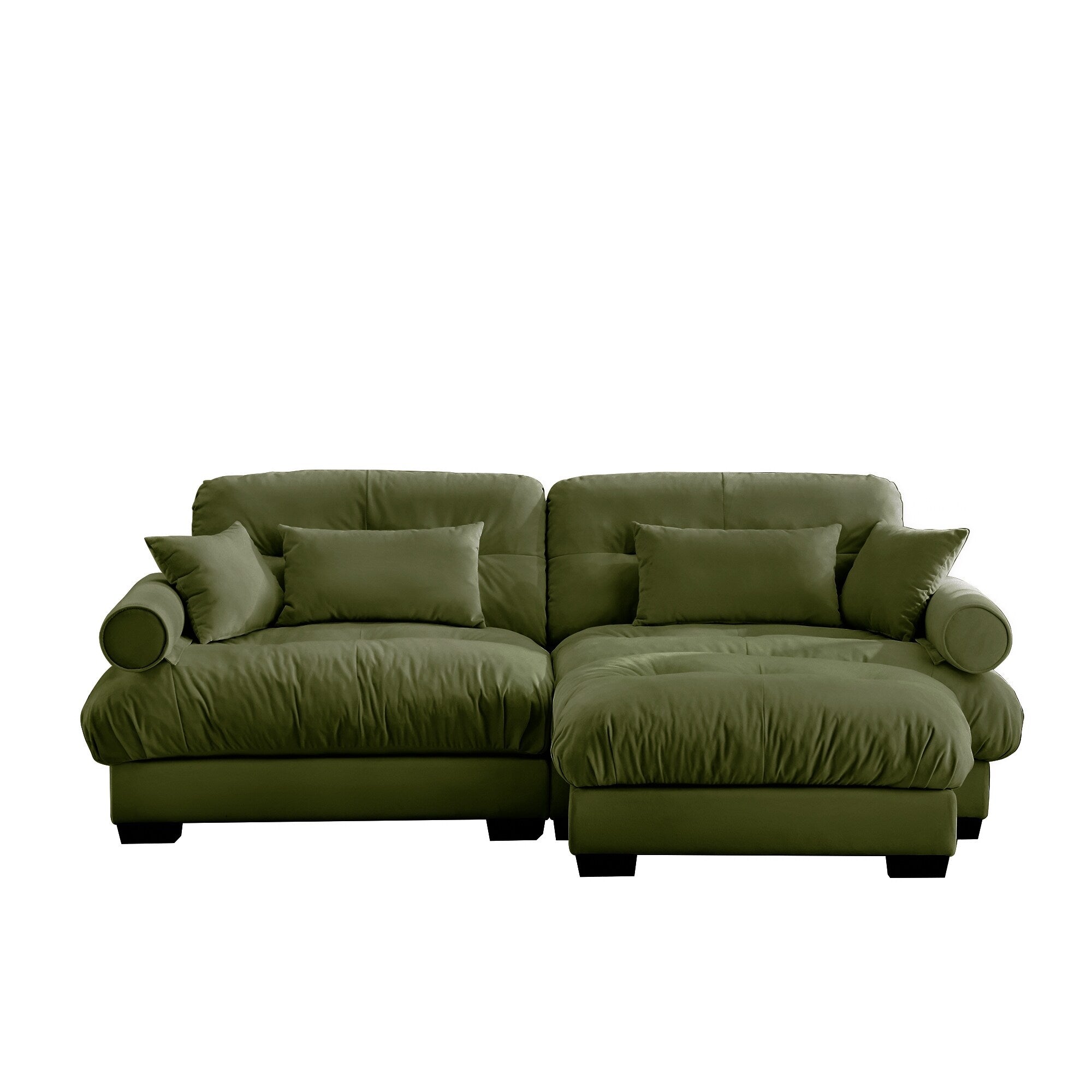 Over Size Modern Two-seater Sofa with Ottoman, Velvet 2-Seater with Round Bolster Armrests